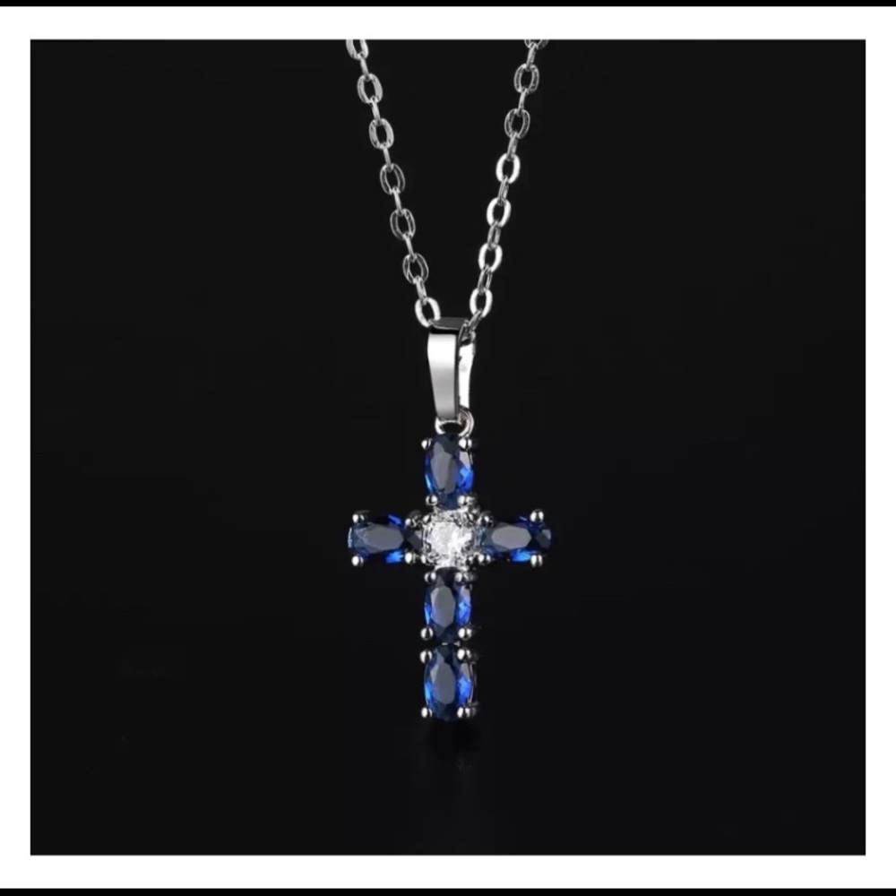 Sapphire Cross Pendant Necklace - Picture 3 of 4